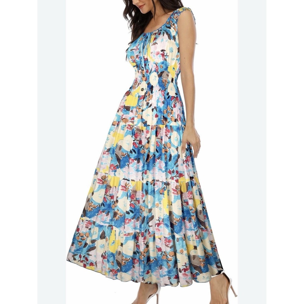 Ostoo Boho Floral Print Tiered Casual Flowy Long Maxi Dress XXL Smoked Preppy